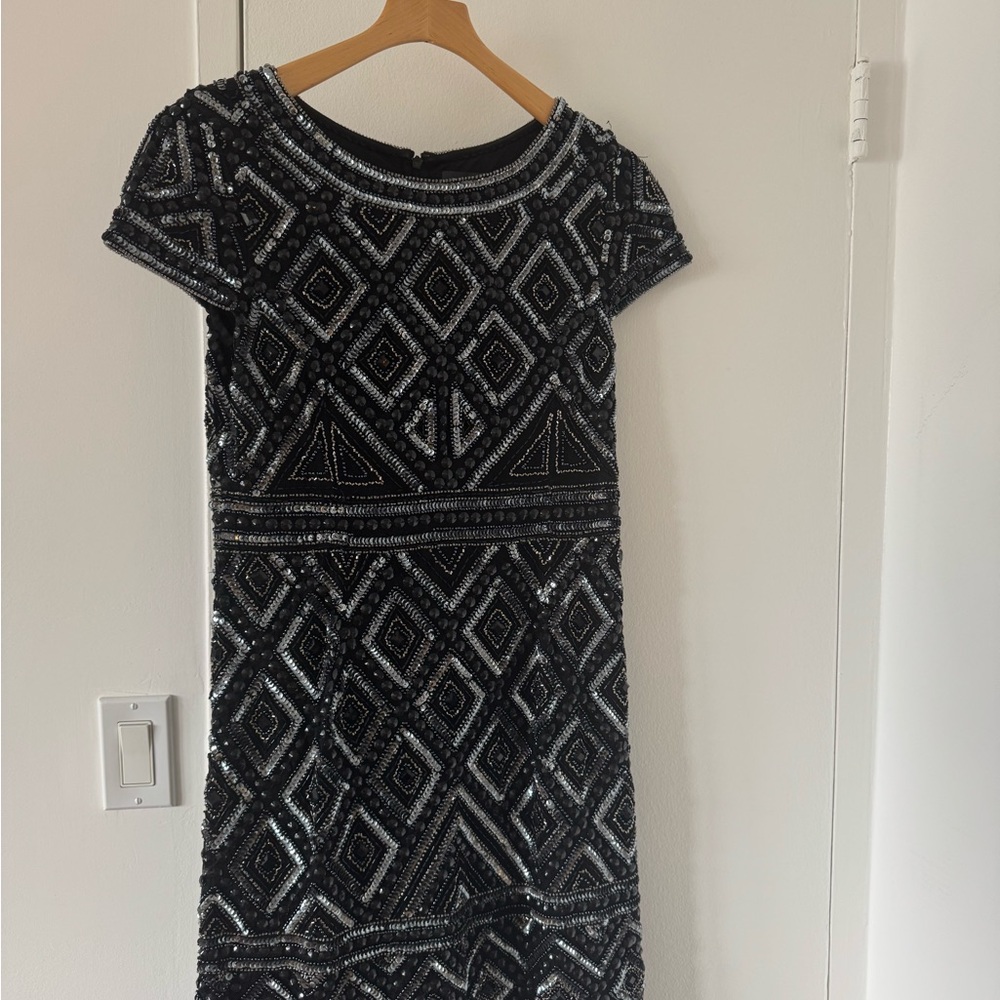 Adrianna Papell Black and Silver Embellished Sheath Mini Dress